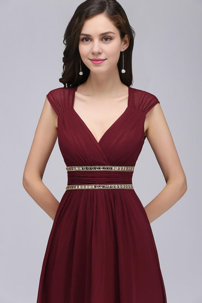 A-Line V-Neck Cap Sleeve Ruffles Floor-Length Bridesmaid Dresses with Beadings