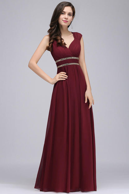 A-Line V-Neck Cap Sleeve Ruffles Floor-Length Bridesmaid Dresses with Beadings