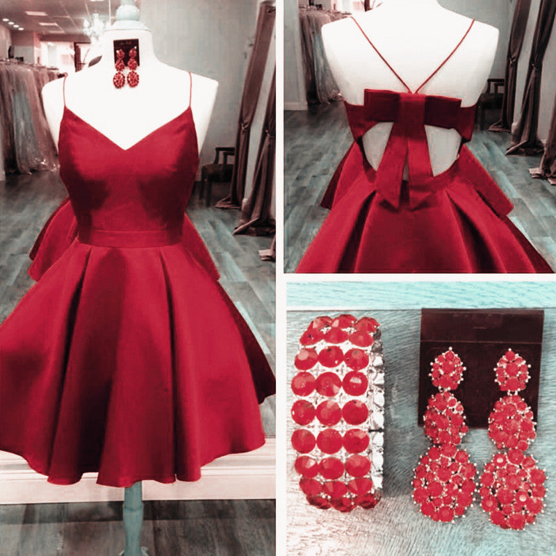 Short A Line V Neck Satin Short Bow Back Dress