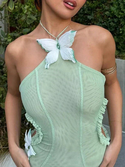Charming Aqua Chiffon Butterfly Design Prom Dress Sheath Halter-neck Evening Dress Long Formal Dress HZ1024