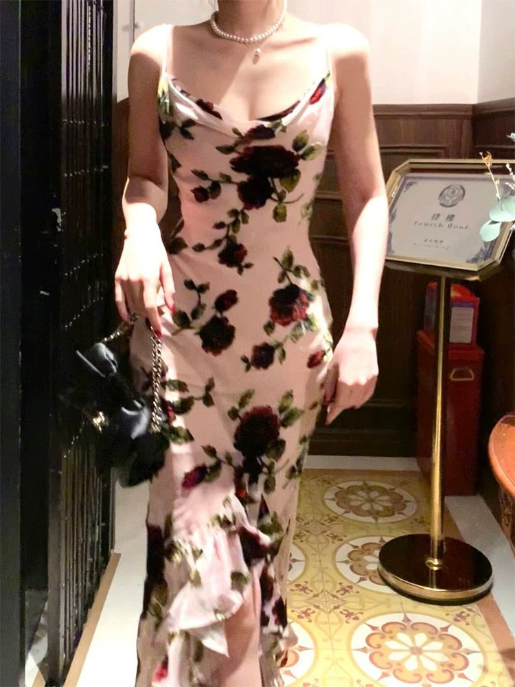 Simple Sheath Spaghetti Straps Floral Long Prom Dresses Evening Dress With Ruffles HZ1024