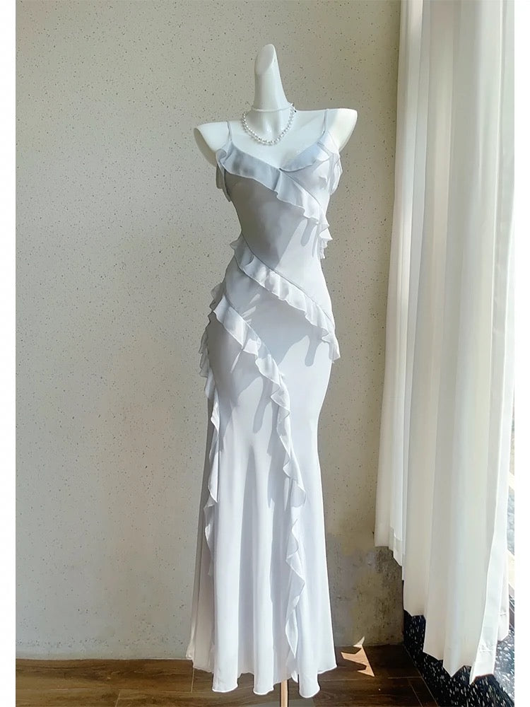 Modest Sheath Spaghetti Straps Chiffon Long Prom Dresses Evening Dress With Ruffles HZ1024