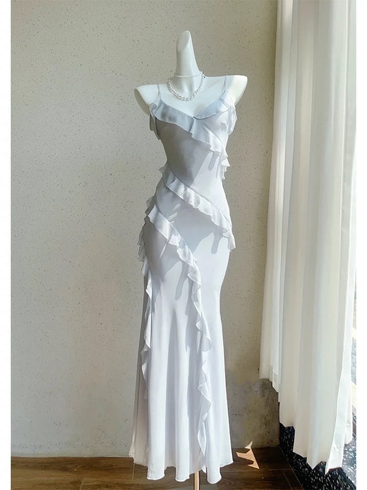 Modest Sheath Spaghetti Straps Chiffon Long Prom Dresses Evening Dress With Ruffles HZ1024