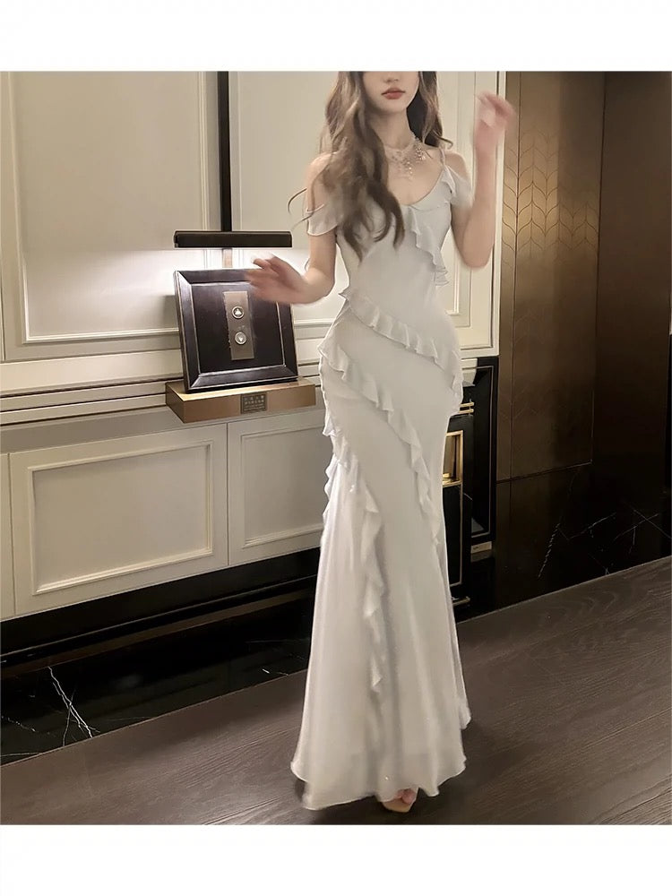 Modest Sheath Spaghetti Straps Chiffon Long Prom Dresses Evening Dress With Ruffles HZ1024