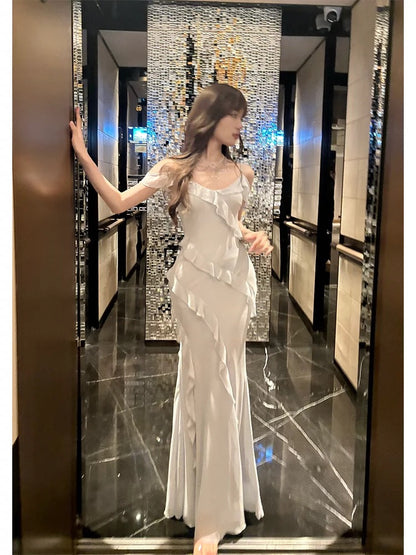 Modest Sheath Spaghetti Straps Chiffon Long Prom Dresses Evening Dress With Ruffles HZ1024