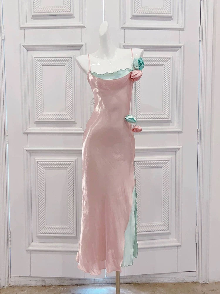 Modest Sheath Spaghetti Straps Pink Long Prom Dresses Evening Dress With Flowers HZ1024