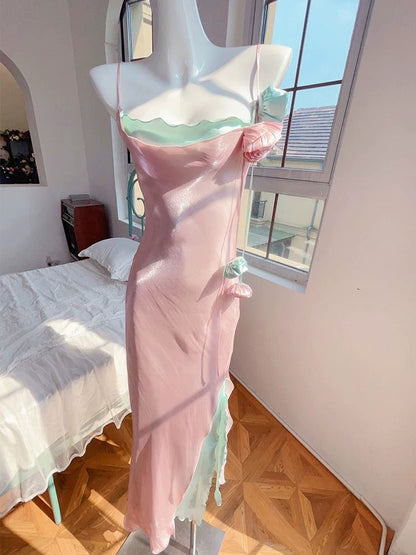 Modest Sheath Spaghetti Straps Pink Long Prom Dresses Evening Dress With Flowers HZ1024