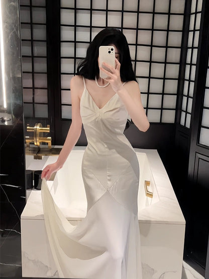 Modest Sheath Spaghetti Straps Ivory Long Prom Dresses Evening Dress With Ruffles HZ1024