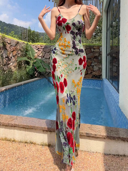 Modest Sheath Spaghetti Straps Floral Red Long Prom Dresses Evening Dress HZ1024