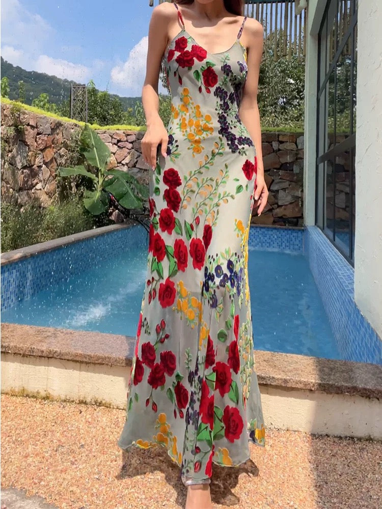 Modest Sheath Spaghetti Straps Floral Red Long Prom Dresses Evening Dress HZ1024