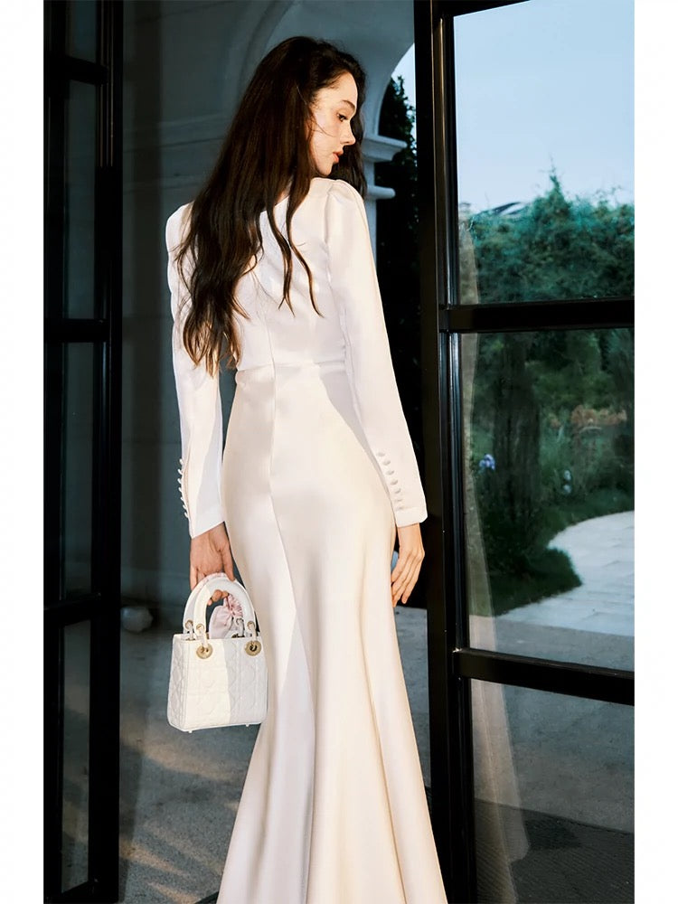 Modest Sheath Square Neckline White Long Prom Dresses Slit Evening Dress HZ1024