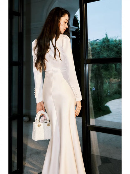 Modest Sheath Square Neckline White Long Prom Dresses Slit Evening Dress HZ1024