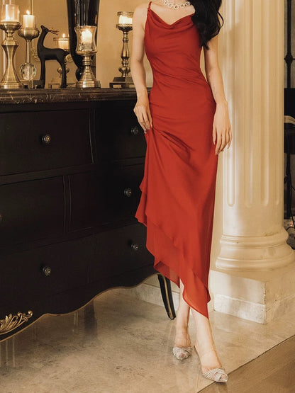Modest Sheath Spaghetti Straps Red Chiffon Prom Dresses Ruffles Evening Dress HZ1024