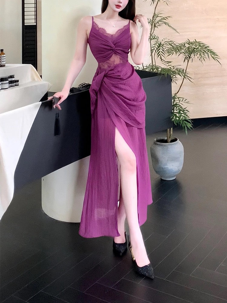 Modest Sheath Spaghetti Straps Lace Prom Dresses Ruffles Slit Evening Dress HZ1024