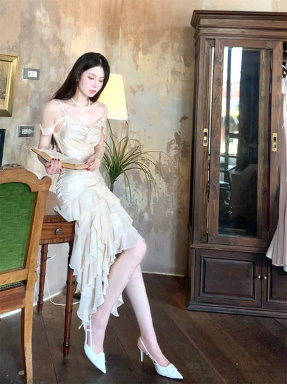 Pretty High Low Spaghetti Straps Chiffon Prom Dresses Evening Dress With Ruffles HZ1024