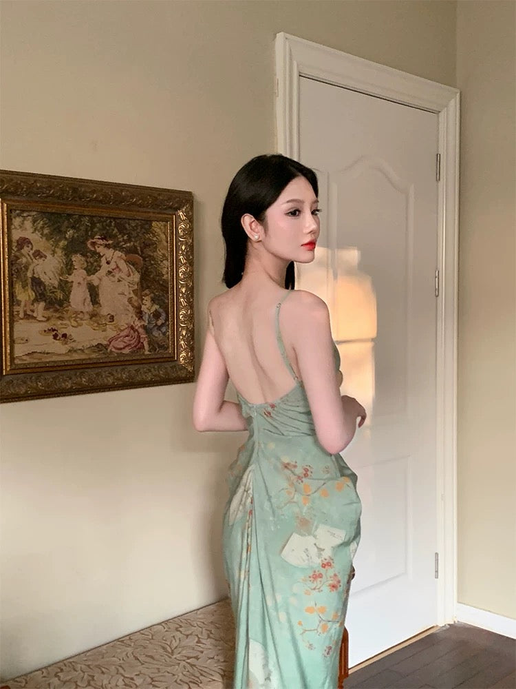 Modest Sheath Spaghetti Straps Green Floral Long Prom Dresses Backless Evening Dress HZ1024