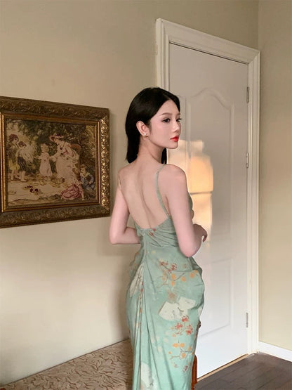 Modest Sheath Spaghetti Straps Green Floral Long Prom Dresses Backless Evening Dress HZ1024