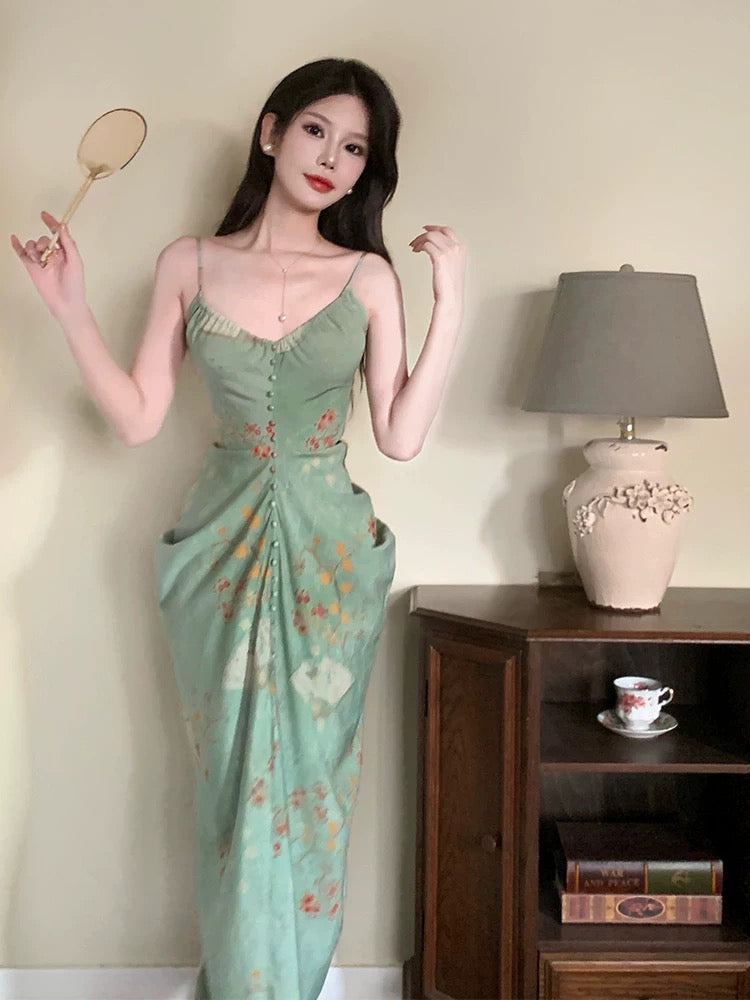 Modest Sheath Spaghetti Straps Green Floral Long Prom Dresses Backless Evening Dress HZ1024