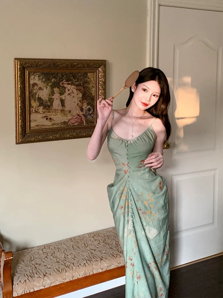 Modest Sheath Spaghetti Straps Green Floral Long Prom Dresses Backless Evening Dress HZ1024