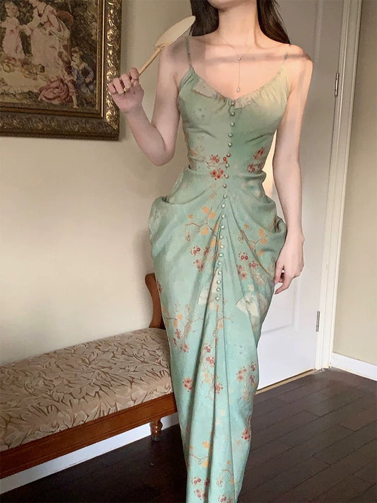 Modest Sheath Spaghetti Straps Green Floral Long Prom Dresses Backless Evening Dress HZ1024