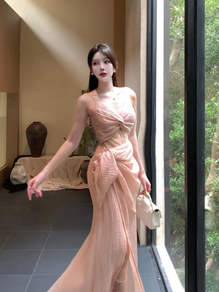 Pretty Sheath Spaghetti Straps Pink Prom Dresses Slit Evening Dress With Lace HZ1024