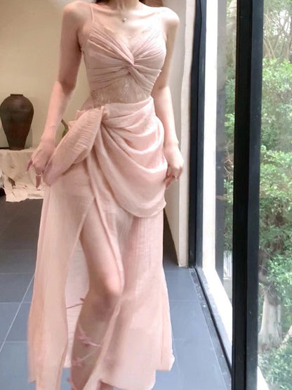 Pretty Sheath Spaghetti Straps Pink Prom Dresses Slit Evening Dress With Lace HZ1024