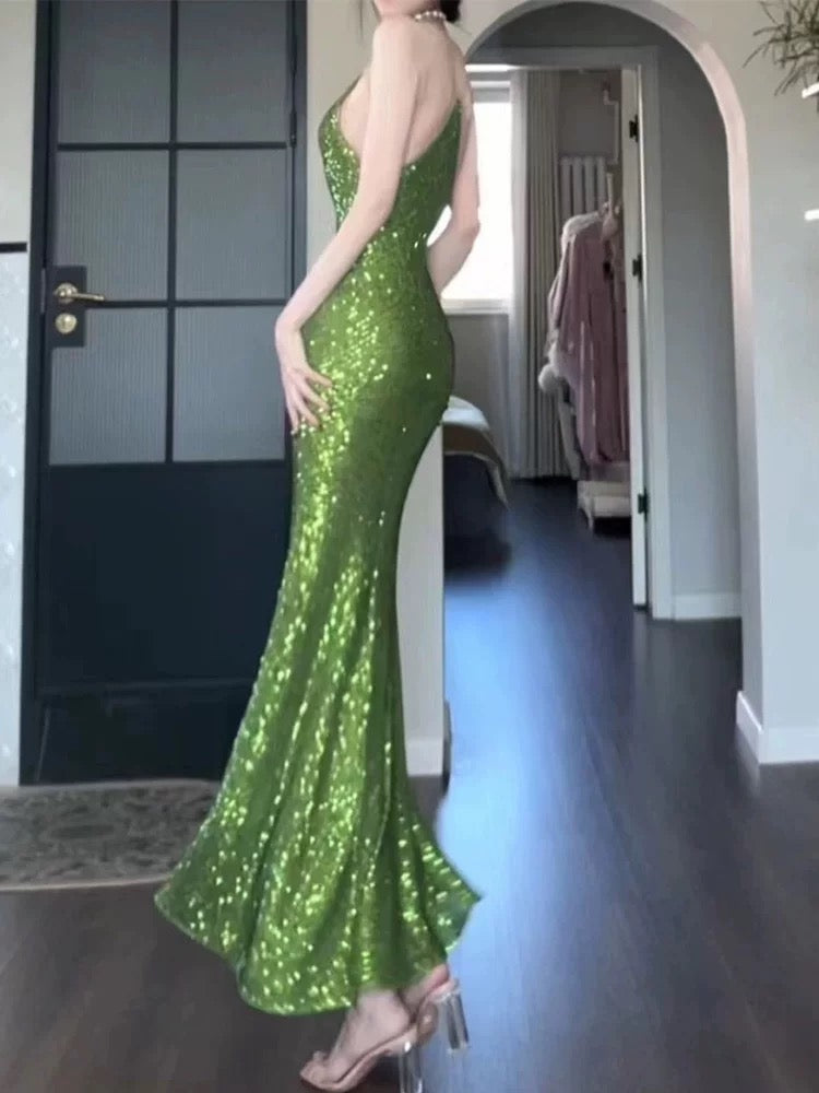 Pretty Sheath Spaghetti Straps Green Sequin Prom Dresses Sexy Evening Dress HZ1024
