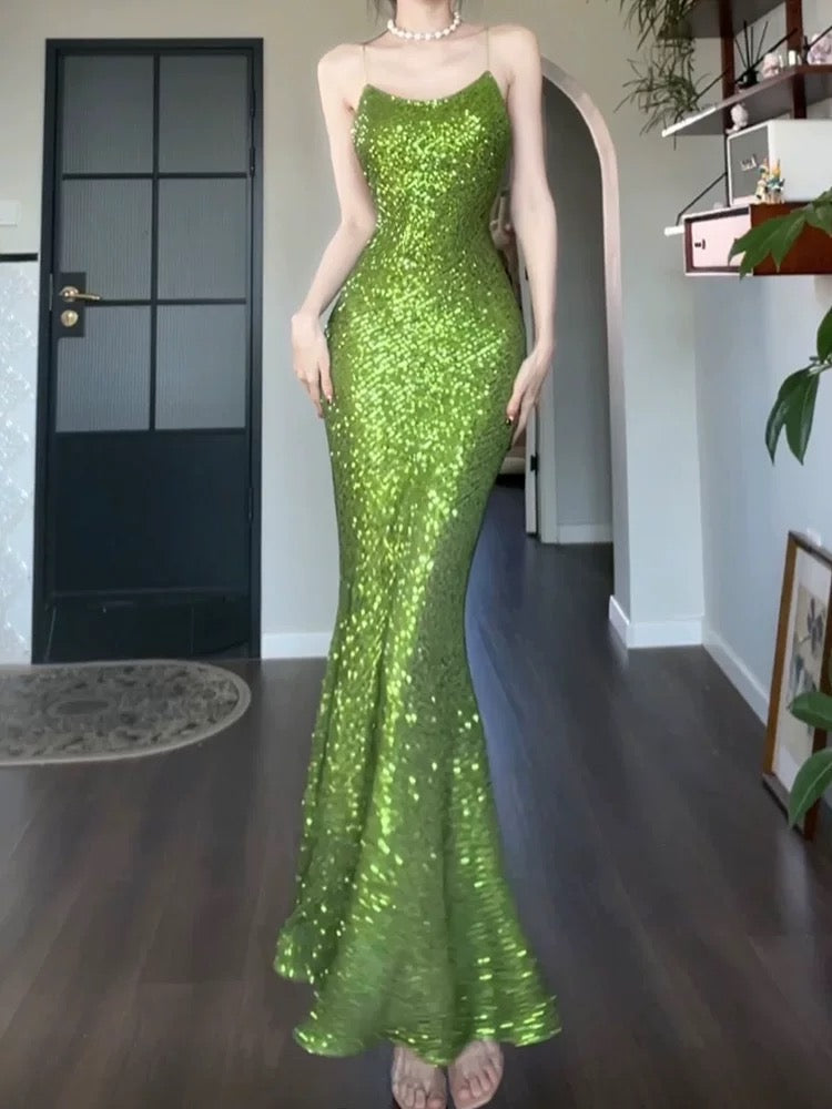 Pretty Sheath Spaghetti Straps Green Sequin Prom Dresses Sexy Evening Dress HZ1024