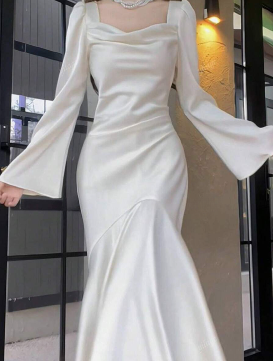 Pretty Mermaid Square Neckline Light Sky Blue Silk Satin Prom Dresses Sexy Evening Dress HZ1024