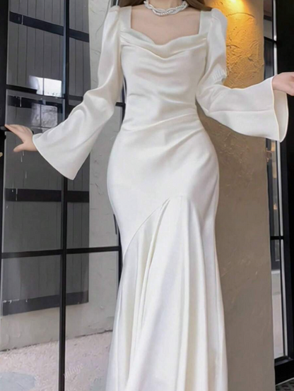 Pretty Mermaid Square Neckline Light Sky Blue Silk Satin Prom Dresses Sexy Evening Dress HZ1024