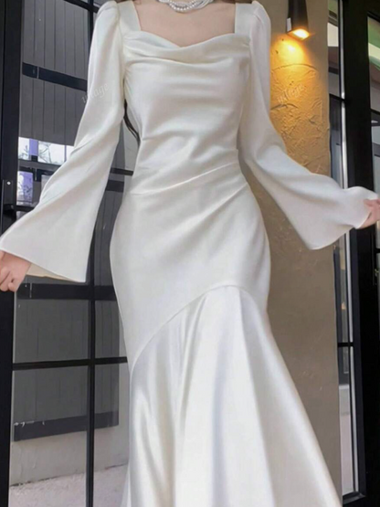 Pretty Mermaid Square Neckline Light Sky Blue Silk Satin Prom Dresses Sexy Evening Dress HZ1024