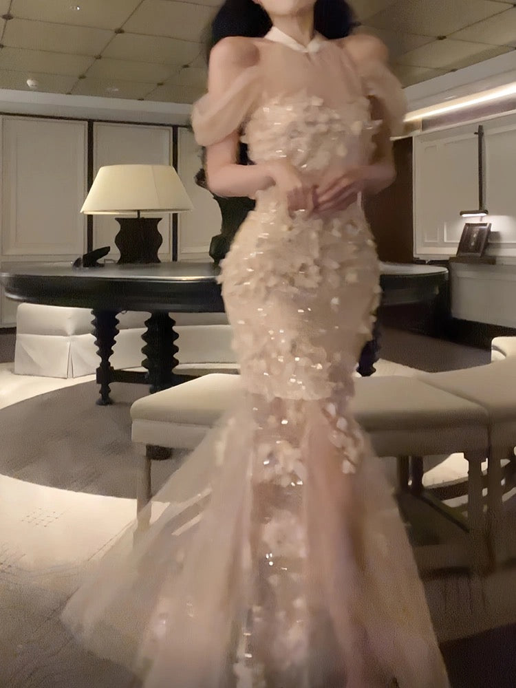 Pretty Mermaid High Neckline White Tulle Floral Prom Dresses Sexy Evening Dress HZ1024