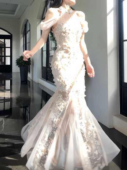 Pretty Mermaid High Neckline White Tulle Floral Prom Dresses Sexy Evening Dress HZ1024