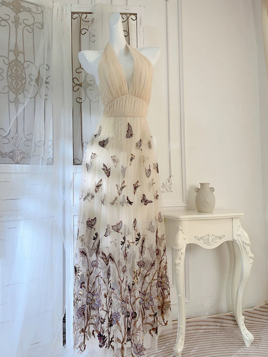 Pretty A Line V Neckline Champagne Tulle Prom Dresses Sexy Evening Dress HZ1024