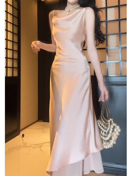 Pretty A Line Spaghetti Straps Silk Satin Pink Prom Dresses Sexy Evening Dress HZ1024