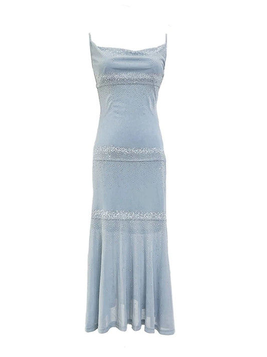 Pretty Sheath Straps Blue Beads Prom Dresses Sexy Evening Dress HZ1024