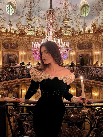 Pretty Sheath Off The Shoulder Black Velvet Lace Prom Dresses Sexy Evening Dress HZ1024