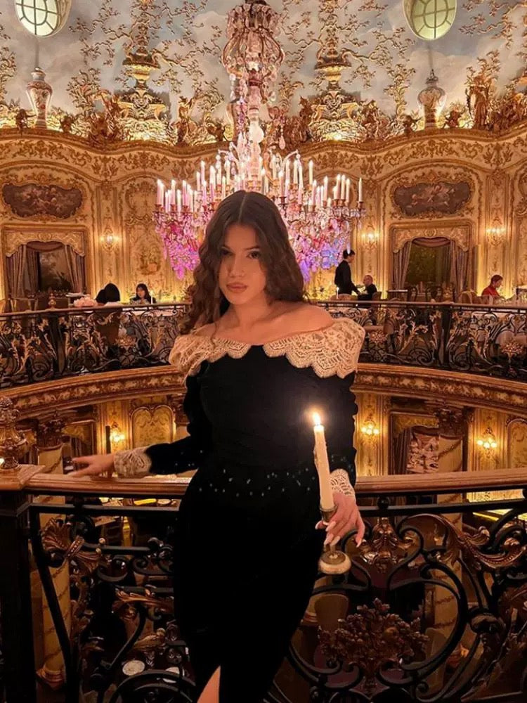 Pretty Sheath Off The Shoulder Black Velvet Lace Prom Dresses Sexy Evening Dress HZ1024