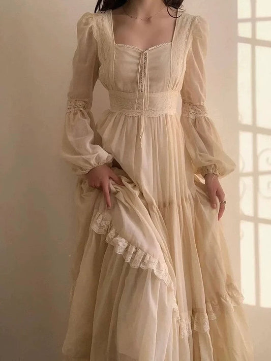 Chic A line Square Neckline Floor Length Lace Chiffon Prom Dresses Simple Evening Dress HZ1024