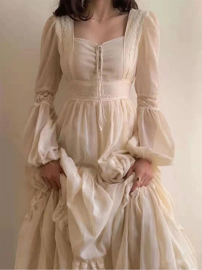 Chic A line Square Neckline Floor Length Lace Chiffon Prom Dresses Simple Evening Dress HZ1024