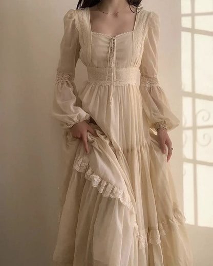 Chic A line Square Neckline Floor Length Lace Chiffon Prom Dresses Simple Evening Dress HZ1024