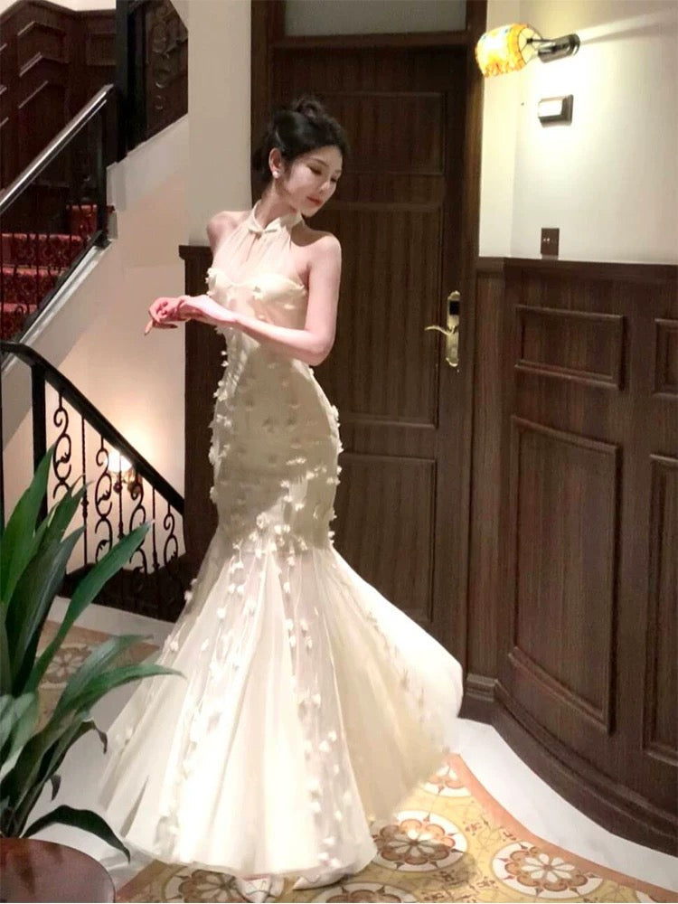 Modest Mermaid High Neckline White Tulle Floral Prom Dresses Sexy Evening Dress HZ1024