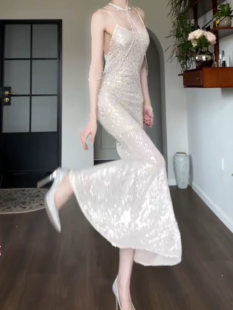 Sexy Sheath Spaghetti Straps Sleeveless Sequin Prom Dresses Evening Gowns HZ1024