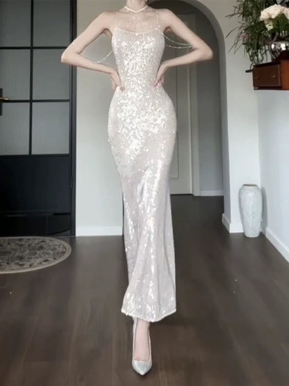 Sexy Sheath Spaghetti Straps Sleeveless Sequin Prom Dresses Evening Gowns HZ1024