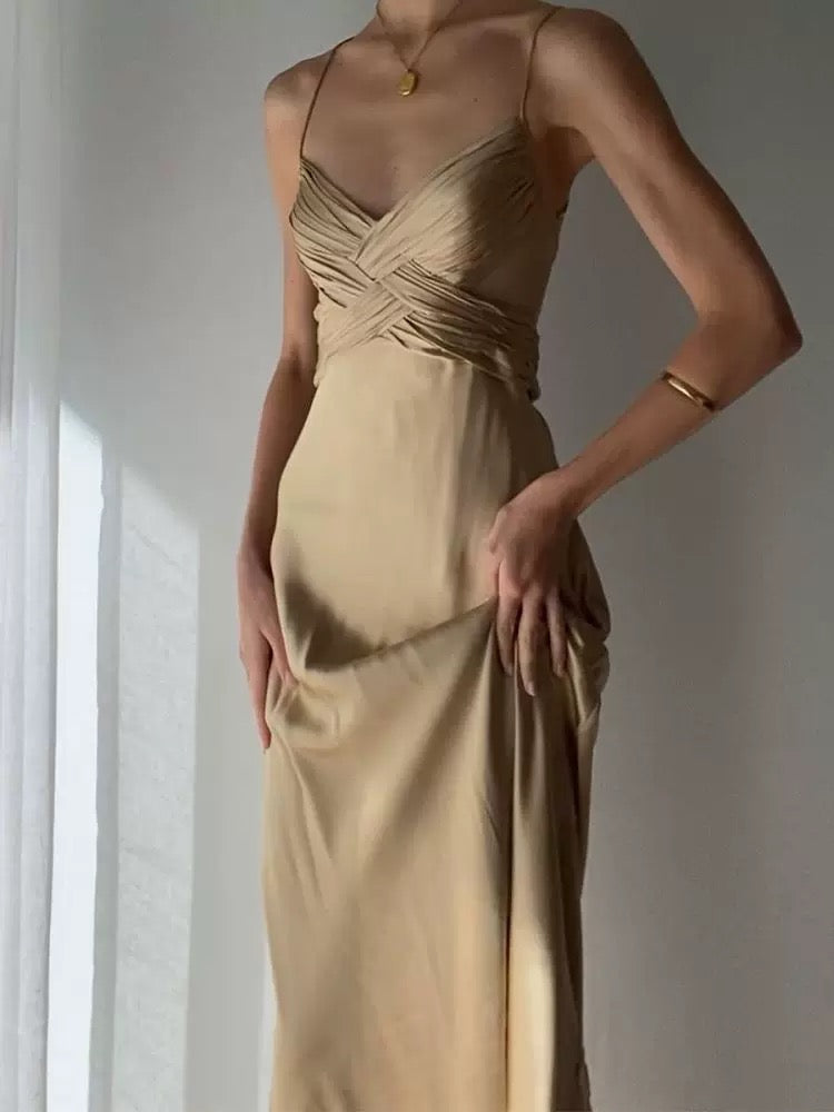 Pretty Mermaid Spaghetti Straps Champagne Long Prom Dresses Sexy Evening Dress HZ1024