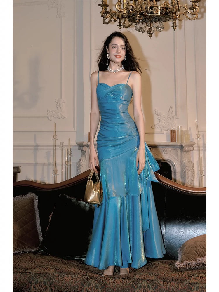 Vintage Mermaid Spaghetti Straps Sleeveless Blue Long Prom Dresses Evening Dress HZ1024