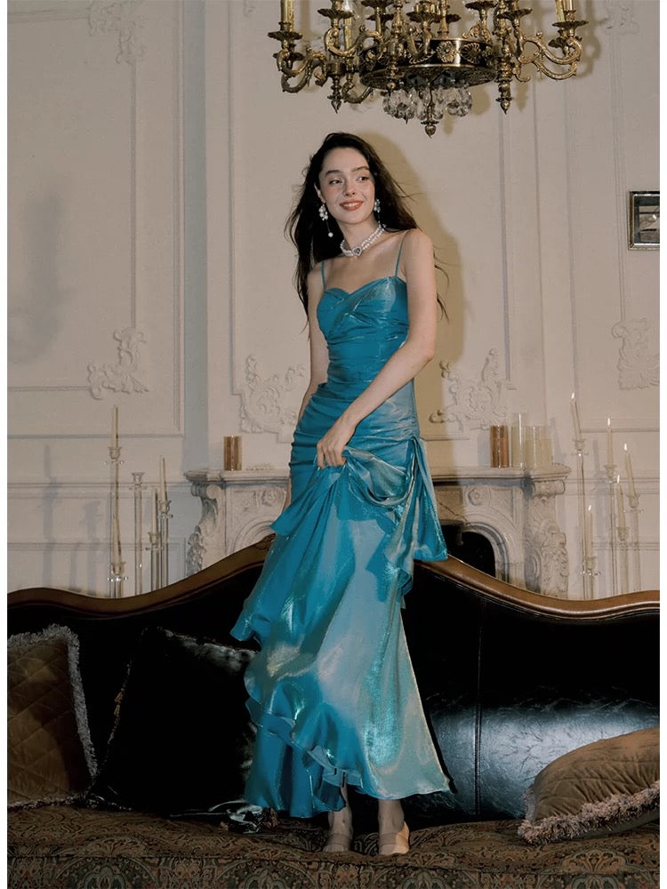 Vintage Mermaid Spaghetti Straps Sleeveless Blue Long Prom Dresses Evening Dress HZ1024