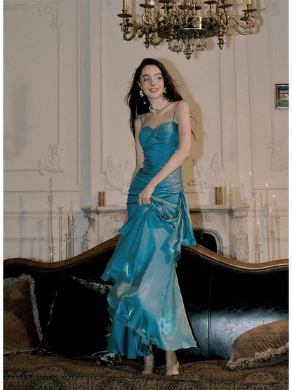 Vintage Mermaid Spaghetti Straps Sleeveless Blue Long Prom Dresses Evening Dress HZ1024