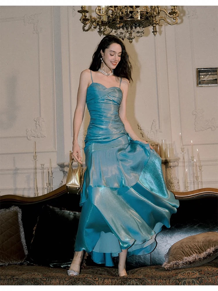 Vintage Mermaid Spaghetti Straps Sleeveless Blue Long Prom Dresses Evening Dress HZ1024