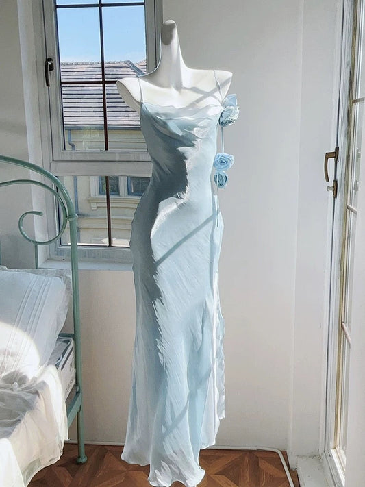 Pretty Mermaid Spaghetti Straps Light Sky Blue Long Prom Dresses Evening Dress HZ1024